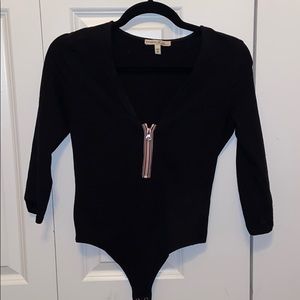 Black 3/4 Length Deep Plunge Zipper Bodysuit